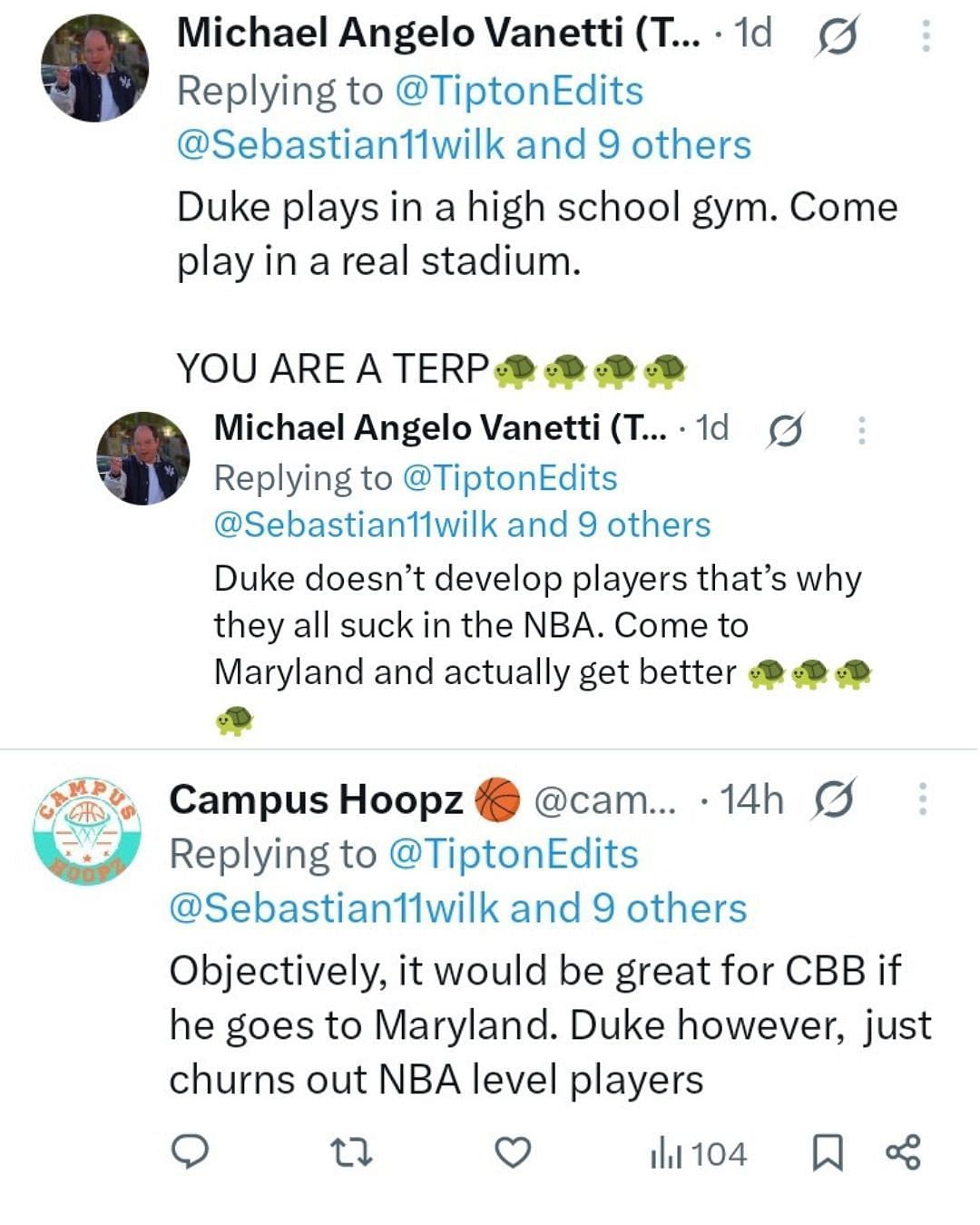 Hoops fans react to Sebastian Wilkins' decision between Duke and Maryland. (Images via X @TiptonEdits)